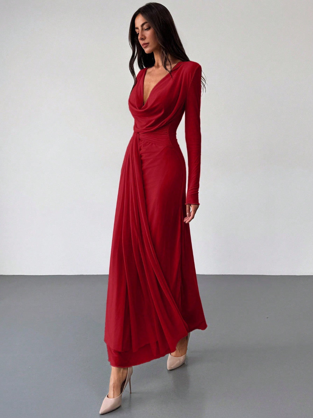 Deep Draped Neck Long Sleeve Tight-Fitting Mesh Lace Dress, Apricot, R Clothingam Deep Draped Neck Long Sleeve Tight-Fitting Mesh Lace Dress, Apricot, R Clothingam