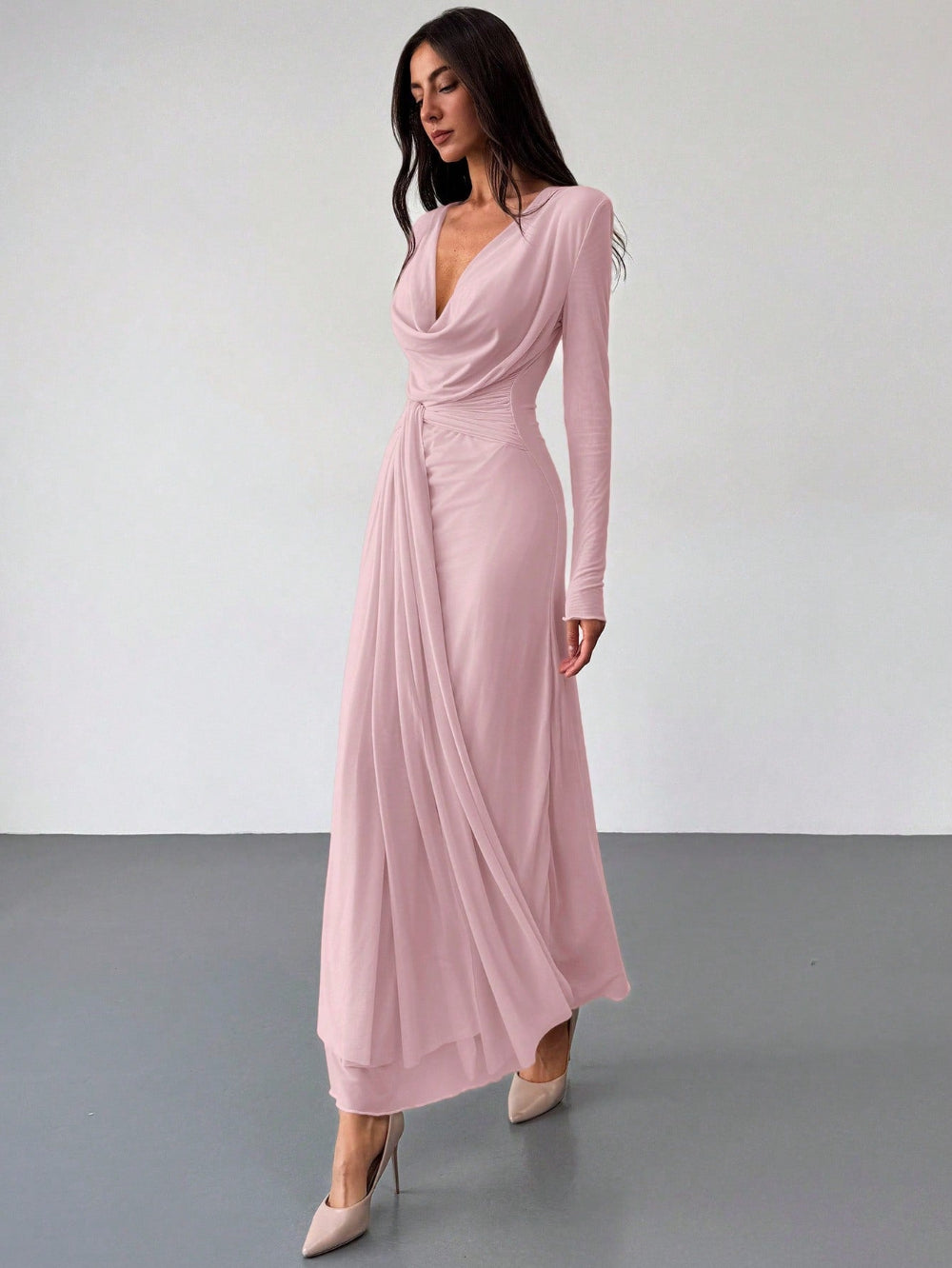 Deep Draped Neck Long Sleeve Tight-Fitting Mesh Lace Dress, Apricot, R Clothingam Deep Draped Neck Long Sleeve Tight-Fitting Mesh Lace Dress, Apricot, R Clothingam