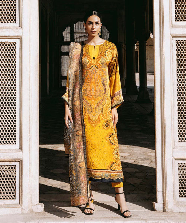 Printed Silk Mustard 3 Piece Suit - Sapphire