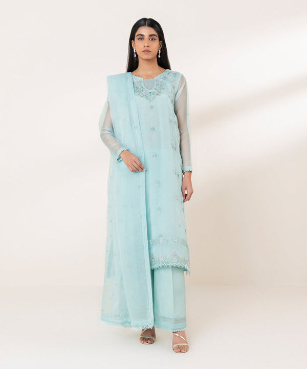 Embroidered Organza Sky Blue 3 Piece Suit - Sapphire