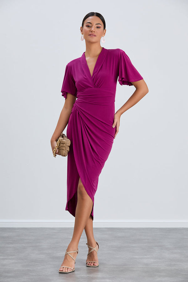 Timeless Angel Sleeve Wrap Dress in Vibrant Fuchsia