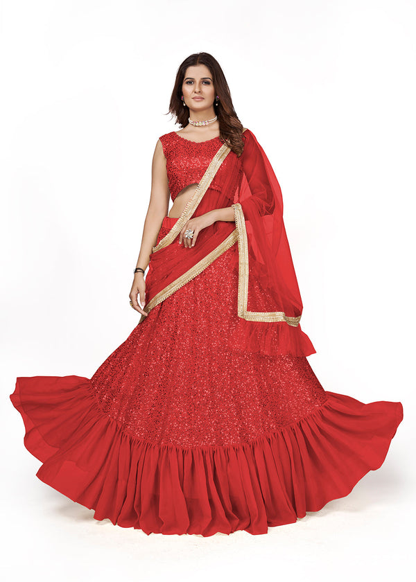 Red Multi Sequins Embroidered Party Wear Lehenga Choli