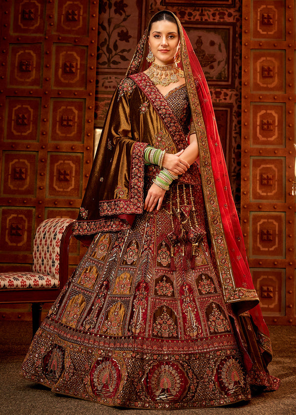 Maroon Velvet Hand Embroidered Bridal Lehenga Choli