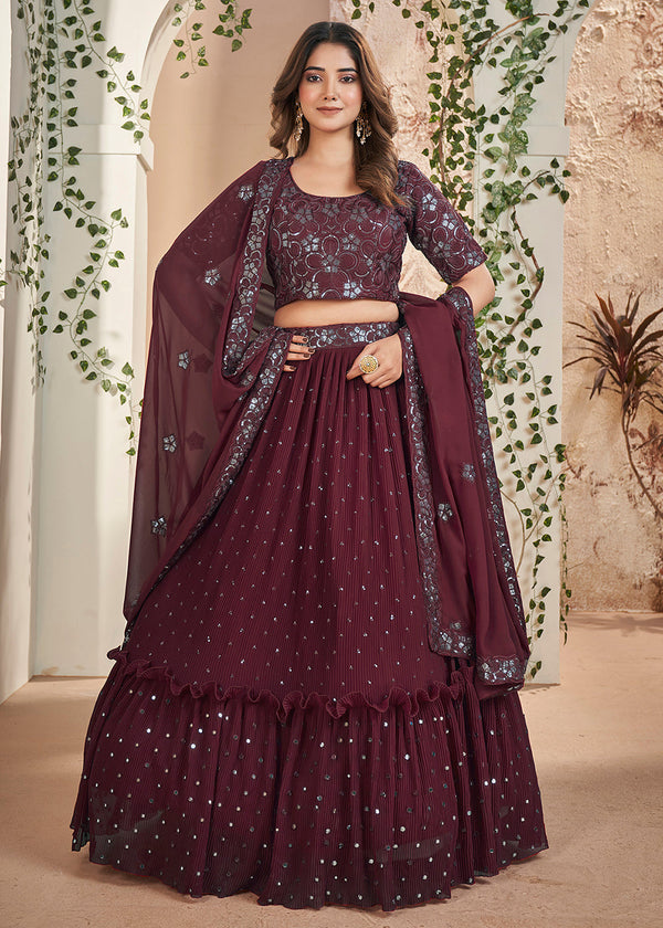 Maroon Thread & Sequins Wedding Party Lehenga Choli