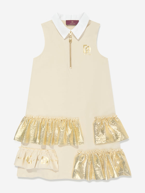 Girls Sleeveless Ruffle Dress in Beige