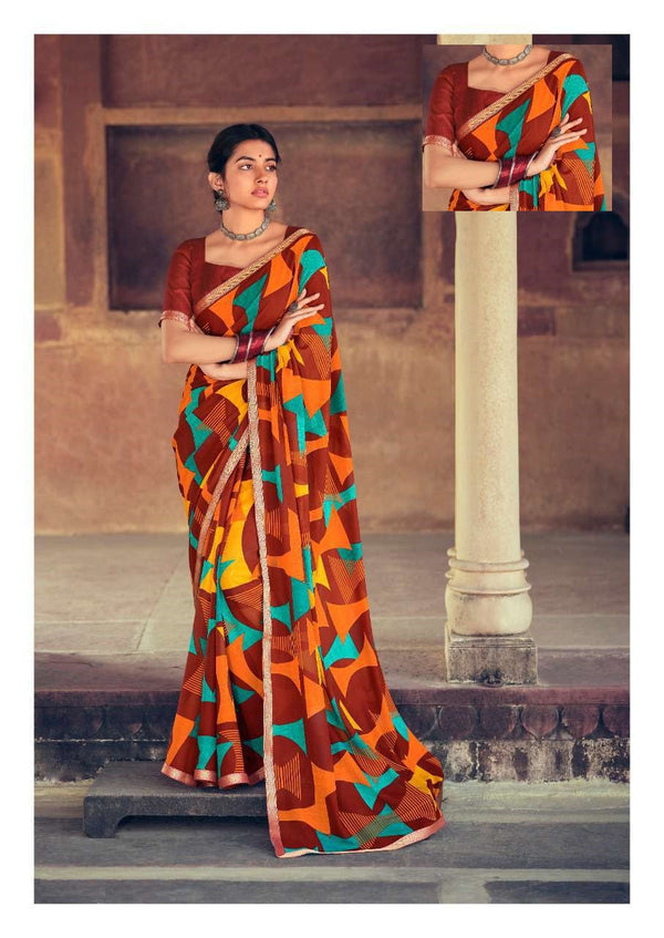 Georgette Print Work Saree With Border