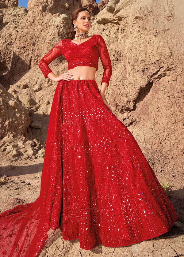 Red Embroidered Pure Net Designer Bridal Lehenga Choli