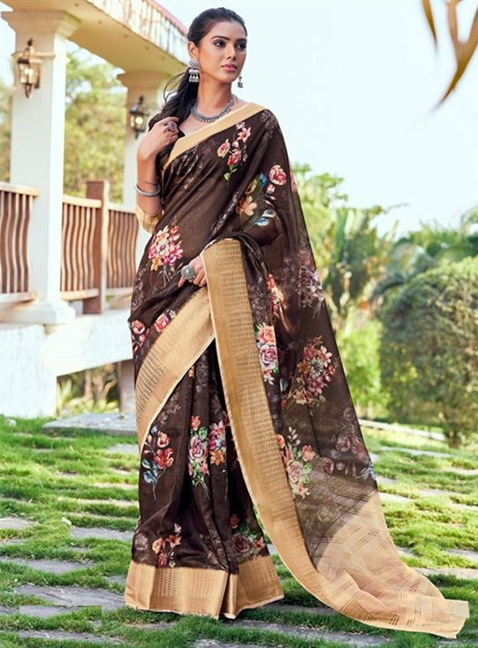 Chocolate Soft Linen With Zari Border Saree