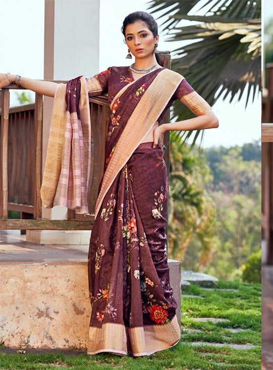 Plum Soft Linen With Zari Border Saree