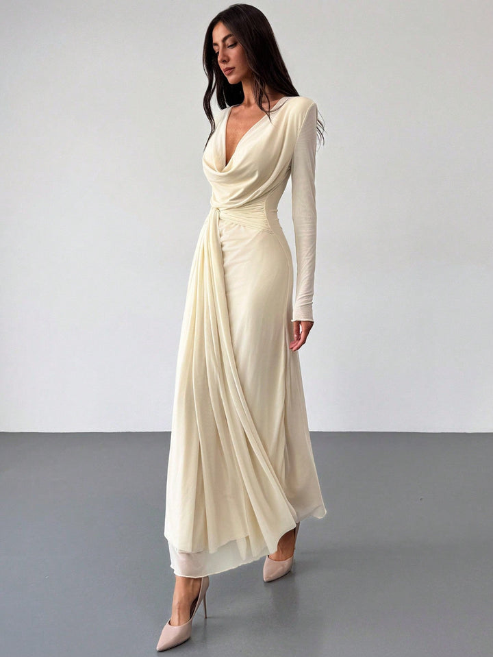 Deep Draped Neck Long Sleeve Tight-Fitting Mesh Lace Dress, Apricot, R Clothingam Deep Draped Neck Long Sleeve Tight-Fitting Mesh Lace Dress, Apricot, R Clothingam