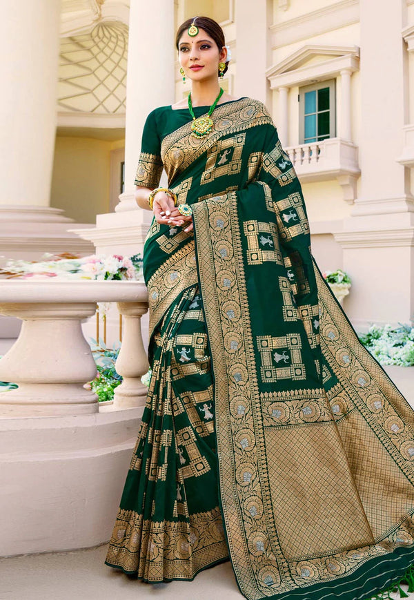 Dark Green Digital Printed Indian Silk Saree Clothingam