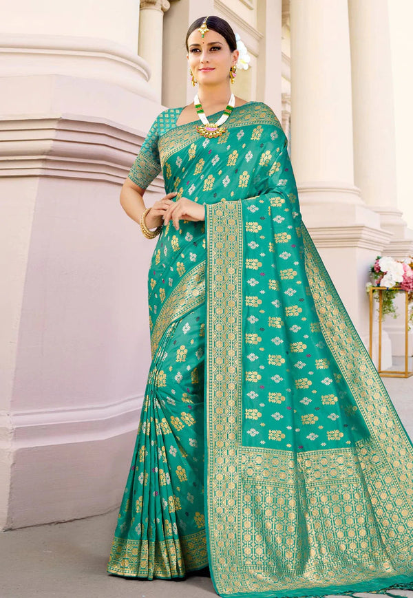 Green Digital Printed Indian Silk Saree Clothingam