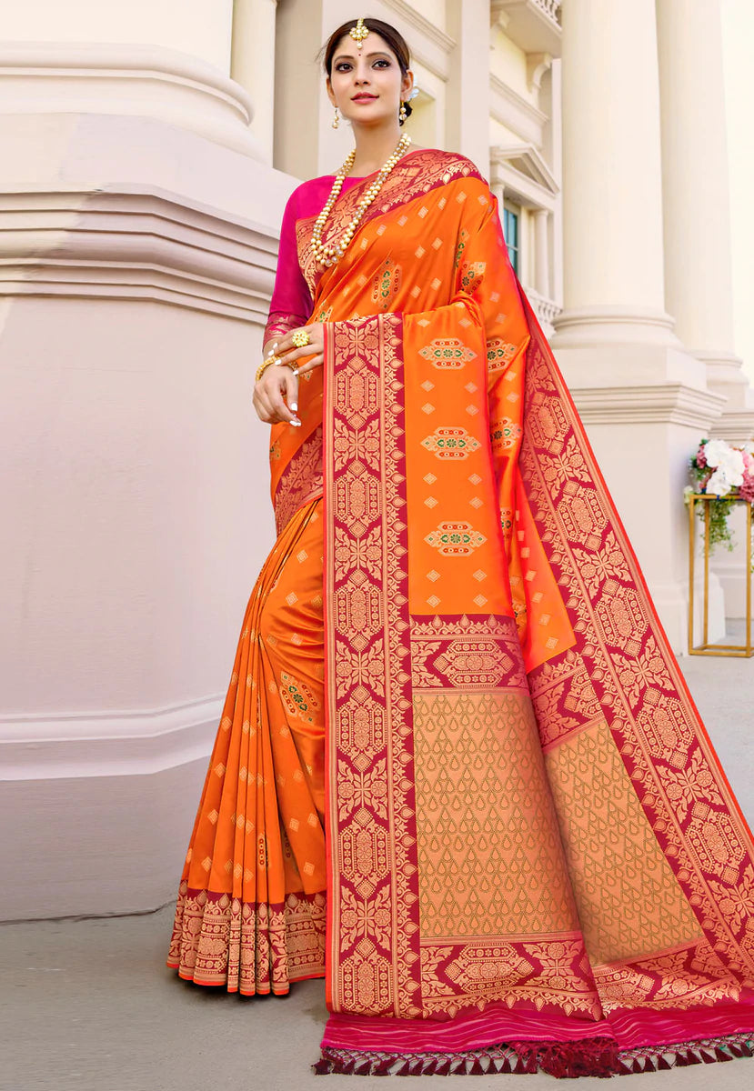 Orange and Pink Digital Print Banarasi Silk Saree | Saree Online UK