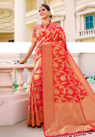 Orange Digital Printed Indian Silk Saree Clothingam
