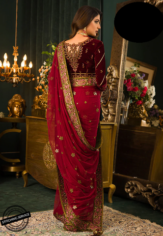 Party Wear Chiffon Stitched Embroidered Red velvet Saree Sari Clothingam