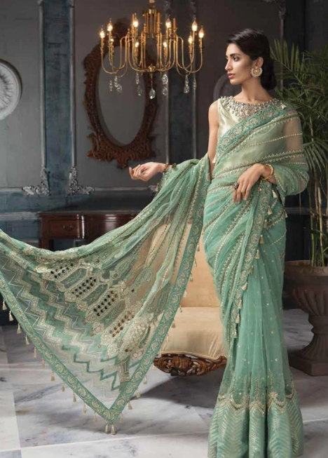 Party Wear Stitched Embroidered Aqua Mint Color Saree Clothingam