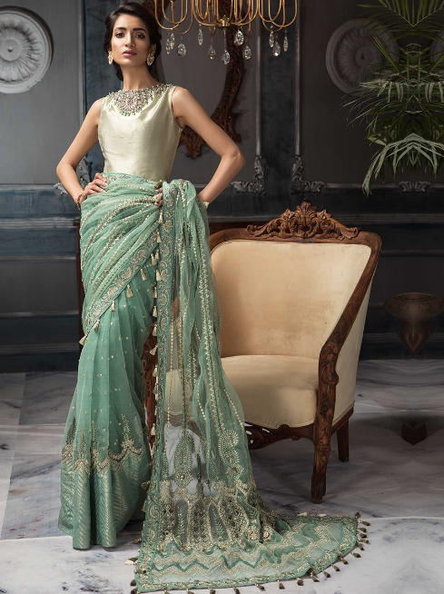 Party Wear Stitched Embroidered Aqua Mint Color Saree Clothingam