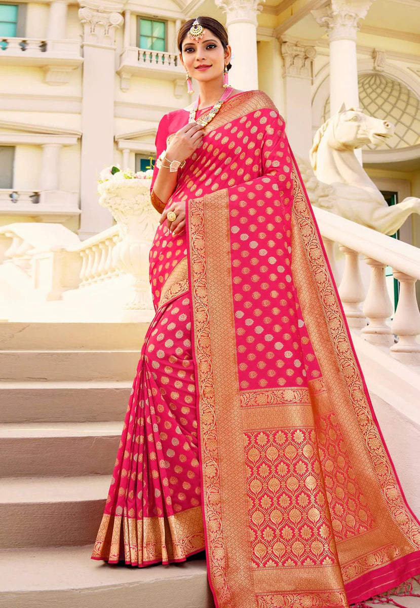 Pink And Golden Digital Printed Indian Silk Saree Clothingam