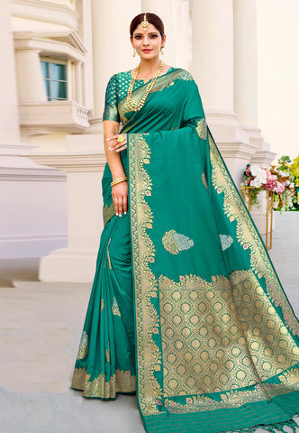 Rama Green Digital Printed Banarasi Silk Saree | Saree Online UK