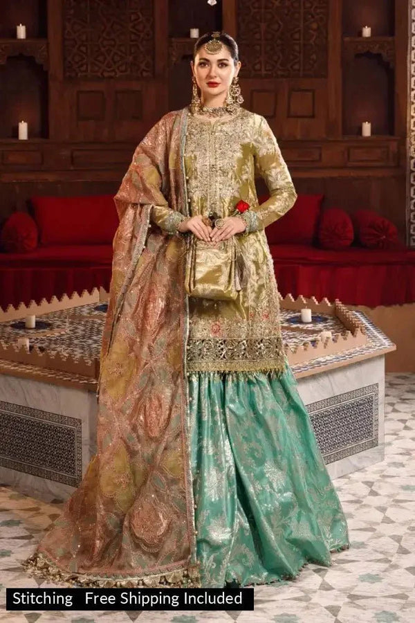 Maria B - 3 Piece Unstitched MBROIDERED - Salmon and Leaf Green BD-2503