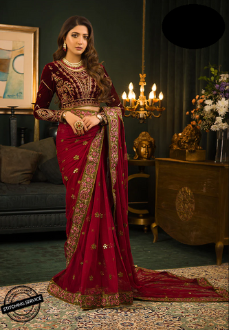 Party Wear Chiffon Stitched Embroidered Red velvet Saree Sari - Clothingam